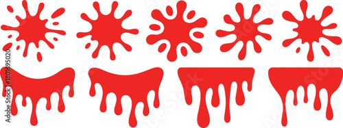 Red splatter and dripping paint vector set with bold liquid blot shapes, messy splash elements for graphic design, modern illustration projects