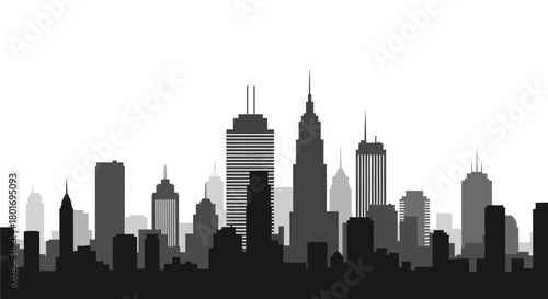 Monochromatic silhouette of a modern city skyline with tall buildings against a white background