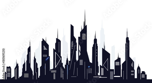 Futuristic cityscape silhouette with towering skyscrapers against a clean white background