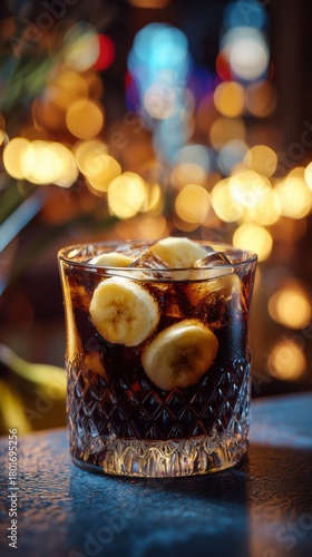 Refreshing Cocktail With Banana Slices and Sparkling Lights at Evening Gathering
