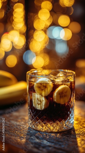 Refreshing Cocktail With Banana Slices and Sparkling Lights at Evening Gathering