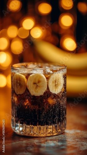 Refreshing Drink With Banana Slices in a Glass, Set Against a Warm Glowing Ba...