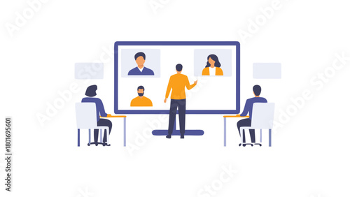 Diverse remote coworker joins office meeting via large screen display fostering collaboration and communication in a modern workspace