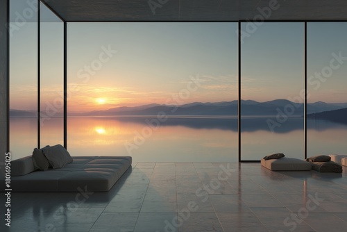 Modern Living Space With Stunning Sunset View Over Calm Lake and Mountains in...