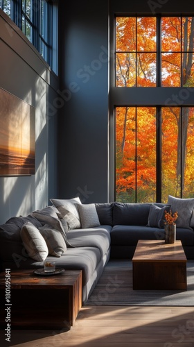 Cozy Living Room With Autumn View Through Large Windows in a Modern Home