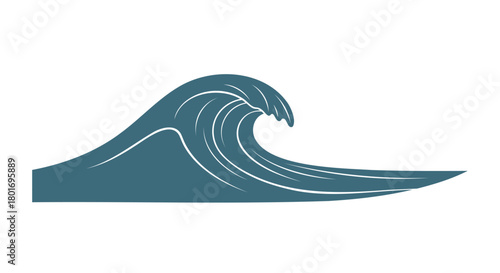 Stylized illustration of a powerful blue ocean wave with white foam cresting against a white background