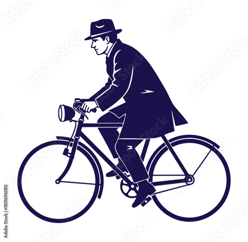 A stylish silhouette of a man in a coat and hat riding a vintage bicycle
