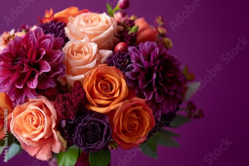 Colorful Bouquet of Roses and Dahlias Arranged Against a Purple Background