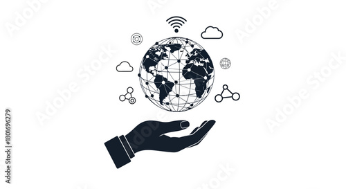 Human hand holding a glowing digital globe surrounded by interconnected technology icons and symbols representing global connectivity
