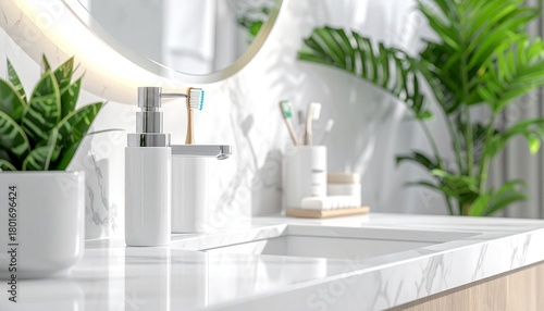 Symmetrical bathroom countertop with mirror reflection, neatly arranged toiletries, toothbrushes perfectly aligned, marble sink, minimalist aesthetic