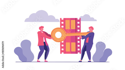 Stylized digital art illustration of two diverse people holding a glowing orb or light source representing unity connection and shared ideas in a vibrant abstract background