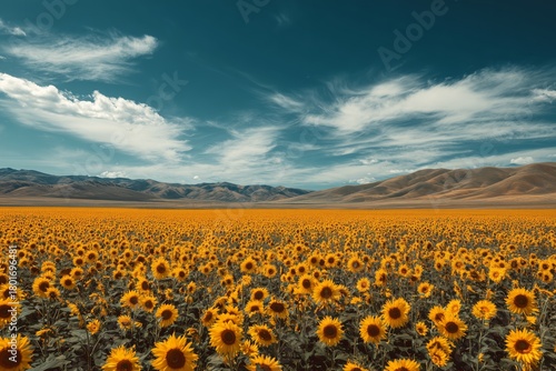 Vast Sunflower Field Under Blue Sky With Fluffy Clouds in Bright Daylight