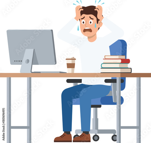 Cartoon stressed person at computer desk with books and coffee, overwhelmed student or worker vector illustration showing anxiety, frustration, burnout