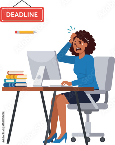 Cartoon stressed person at computer desk with deadline sign, books and pencil, overwhelmed worker or student vector illustration showing anxiety and pressure
