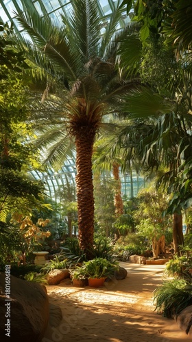 Lush Green Palm Tree Surrounded by Dense Foliage in a Tranquil Indoor Garden