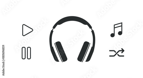 Minimalist black and white graphic of headphones surrounded by music playback icons and a musical note