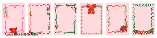 Wavy vector frames with Christmas foliage and flowers, pink red and green romantic borders for holiday invitations and cards