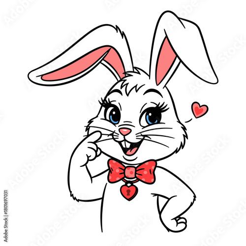 charming cartoon flirting bunny with a red bow tie and a heart-shaped pendant, Valentine's Day character illustration