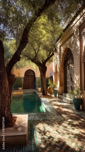 Relaxing Oasis With Pool and Olive Trees in a Moroccan Courtyard Under Warm S...