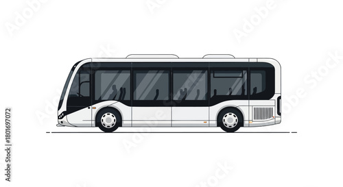 Modern white passenger shuttle bus with tinted windows and black accents on a white background