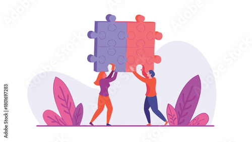 Stylized illustration of two diverse people working together to lift a large object symbolizing teamwork collaboration and shared effort in a modern graphic design