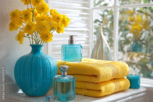 Bright Bathroom Decor With Yellow Flowers and Blue Accents in a Sunny Setting