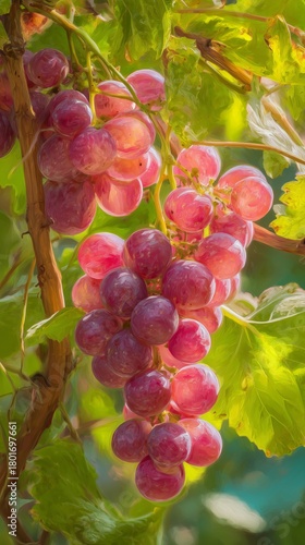 Fresh Red Grapes Hanging on Vine in Bright Sunlight in a Vineyard During Summ...