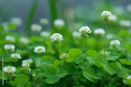 White Clover Flowers Blooming in Green Grass on a Sunny Day in the Countryside