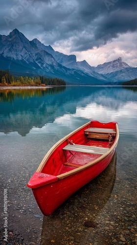 Bright Red Boat Rests on Calm Lake With Mountains and Cloudy Sky in the Backg...