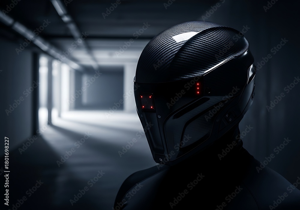 Fototapeta premium Futuristic warrior wearing high-tech helmet, ready for the unknown, perfect for gaming, science fiction, or cutting-edge technology concepts