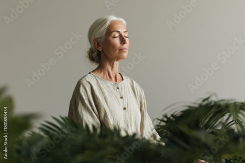 elderly woman engages in gentle meditation at home surrounded by lush greenery