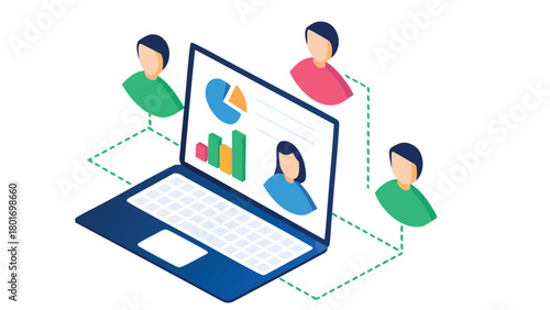 Team of professionals analyzing projected data charts and graphs on a laptop screen showcasing business growth and strategy