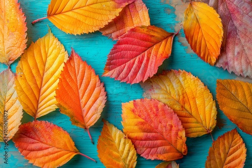 Colorful Autumn Leaves Scattered on a Blue Wooden Surface During the Fall Season