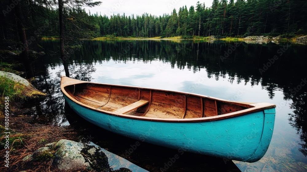 Obraz premium Calm Lake Reflections with a Vintage Canoe and Lush Green Forest