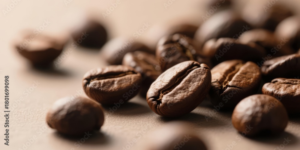Naklejka premium Roasted brown coffee beans macro closeup detail on smooth surface with copy space