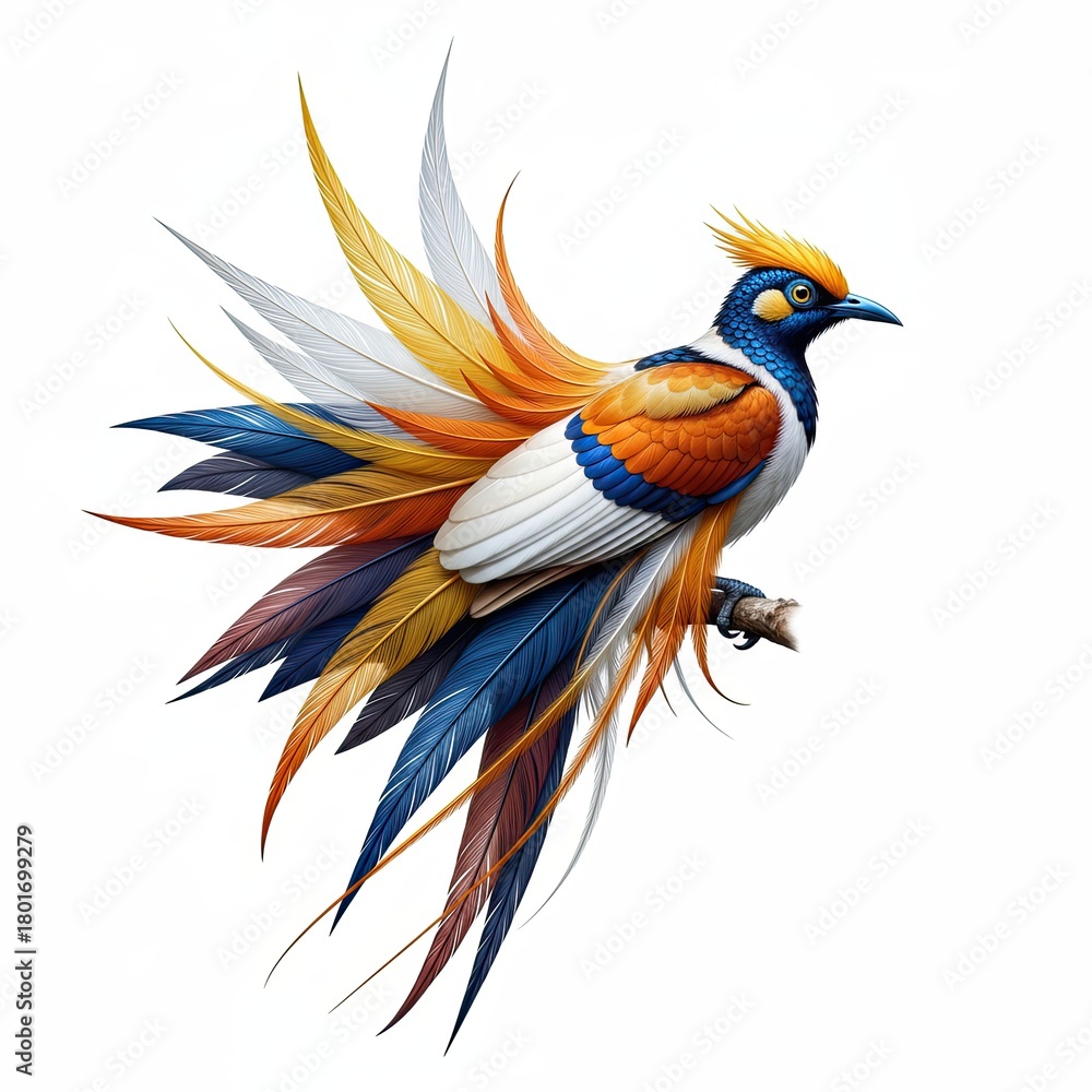Obraz premium Majestic Fantasia: Vibrant Bird of Paradise with Exotic Plumage, Isolated on White