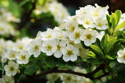 Beautiful White Flowers Blooming on a Green Leafy Branch in a Sunny Garden Se...