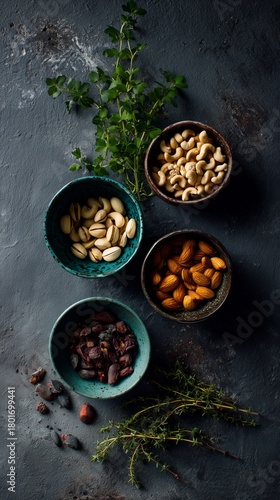 Nuts and Seeds Arranged in Bowls on a Dark Surface for a Healthy Snack Option