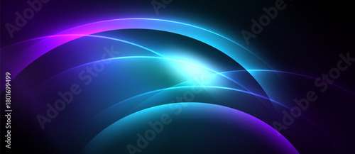 Abstract light curves radiate from central bright point. Blues, purples dominate dark background. Smooth gradients create dynamic visual effect.