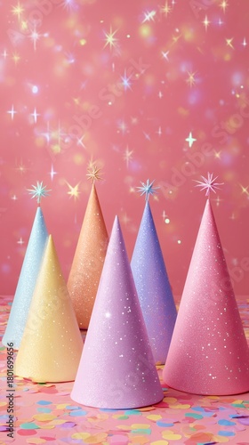 Colorful Party Hats Arranged on a Sparkling Pink Background for a Joyful Cele...