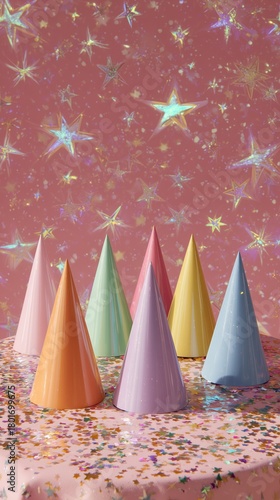 Colorful Party Hats Arranged on a Sparkling Pink Background for a Joyful Cele...