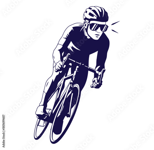 Cyclist in racing position on a road bike representing speed and athleticism on white background