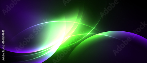 Abstract design features flowing curves, vibrant purple, green hues. Light radiates from central point, creating dynamic visual effect.