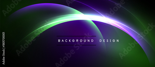 Abstract flowing lines create vibrant purple, green glow. Dark background emphasizes luminous curves, modern design element.