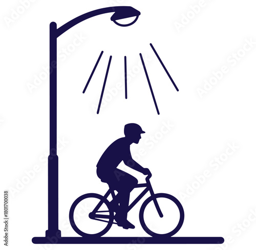 Cyclist riding bicycle under street light silhouette design illustration on a white background