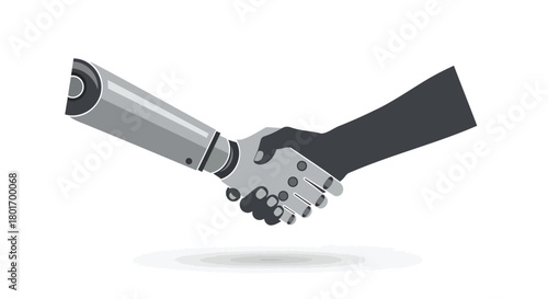 Robotic hand and human hand shaking in a symbol of partnership and future technology collaboration