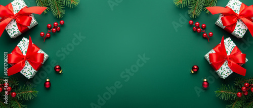 Merry Christmas and Happy Holidays greeting card, frame, banner. New Year. Red Christmas ornaments and gifts, presents on green background top view. Xmas holiday festive theme. Christmas decoration	
