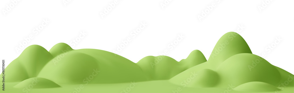 Fototapeta premium 3d green hills on abstract cartoon background. 3d spring landscape green mountain, field, meadow, tree. Park scene. Nature podium isolated. Childish cartoon vector illustration