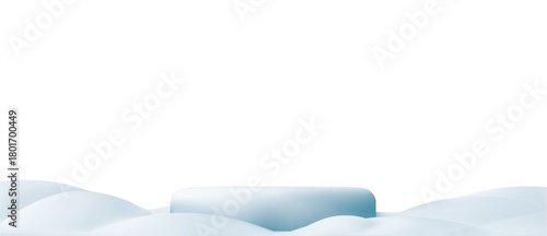 3d snow hill and white podium. Wavy snowdrift winter podium, white mountain border. Vector element illustration for poster, winter greeting card, product presentation