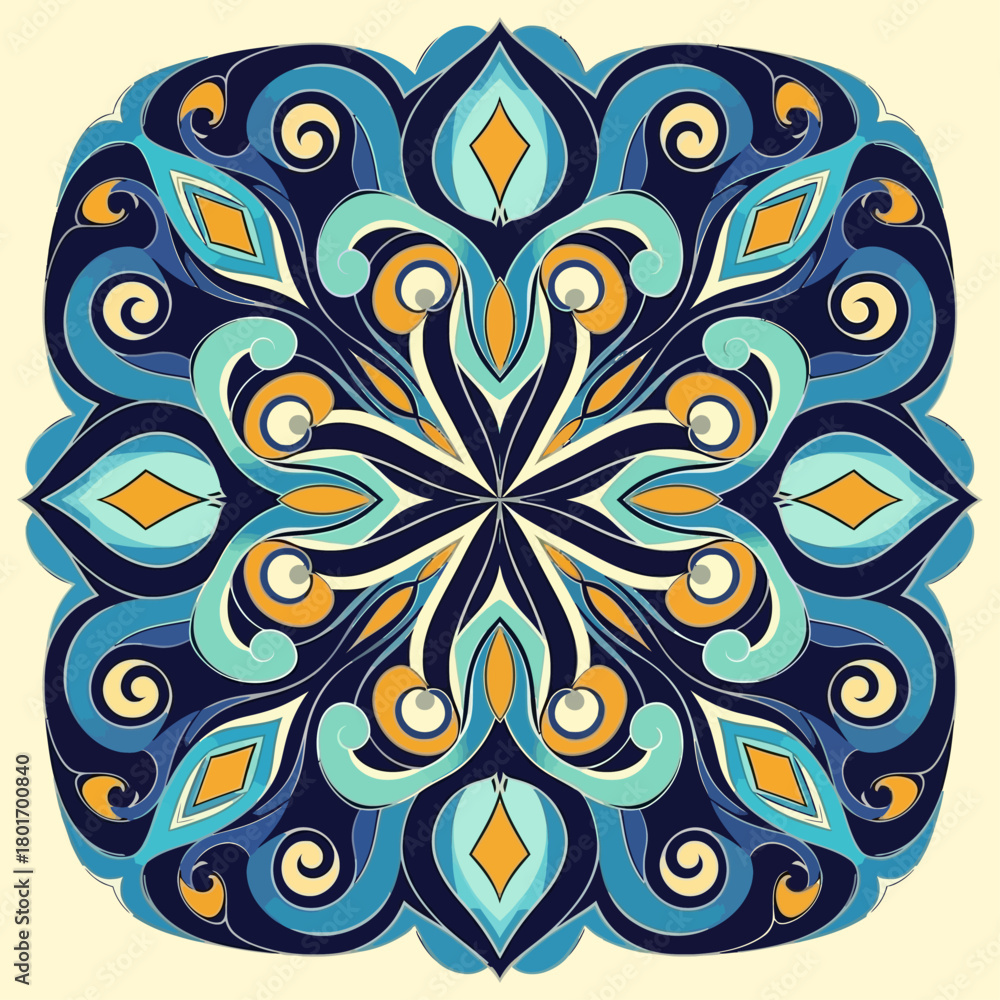 Fototapeta premium Intricate Mandala Design in Blue, Teal, and Yellow, Geometric Pattern for Decorative Art